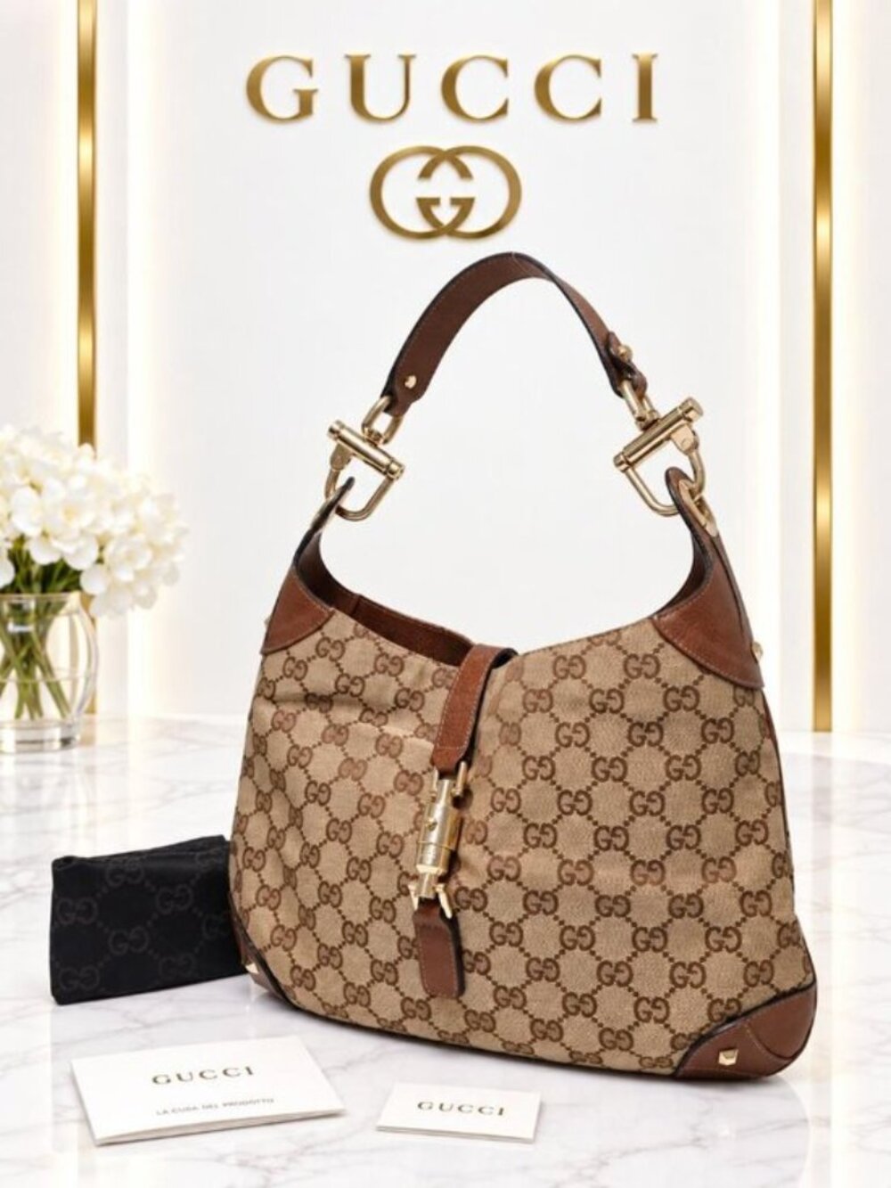 Authentic Gucci Jackie GG Canvas Brown Leather Hobo Shoulder Bag Gold Hardware